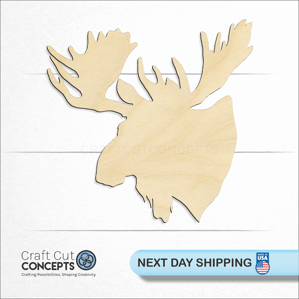 Craft Cut Concepts logo and next day shipping banner with an unfinished wood Moose Head craft shape and blank