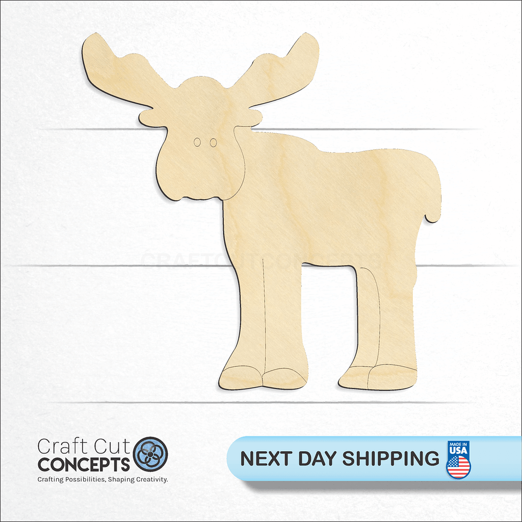 Craft Cut Concepts logo and next day shipping banner with an unfinished wood Cute Moose craft shape and blank