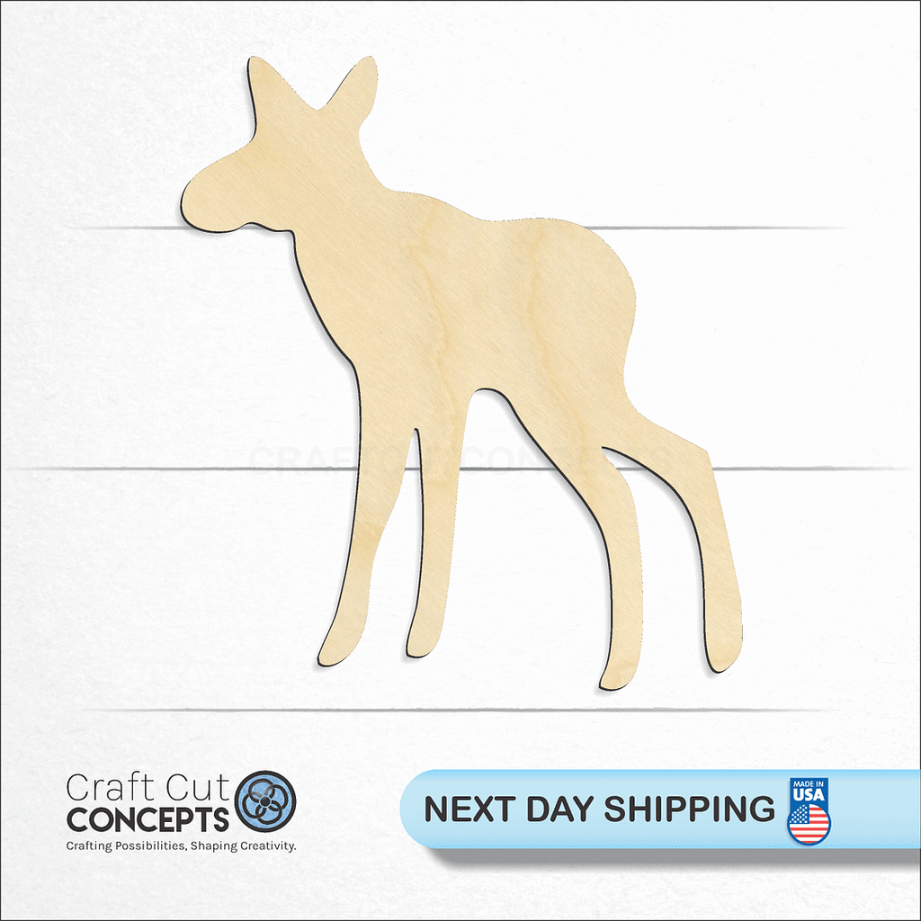 Craft Cut Concepts logo and next day shipping banner with an unfinished wood Baby Moose craft shape and blank