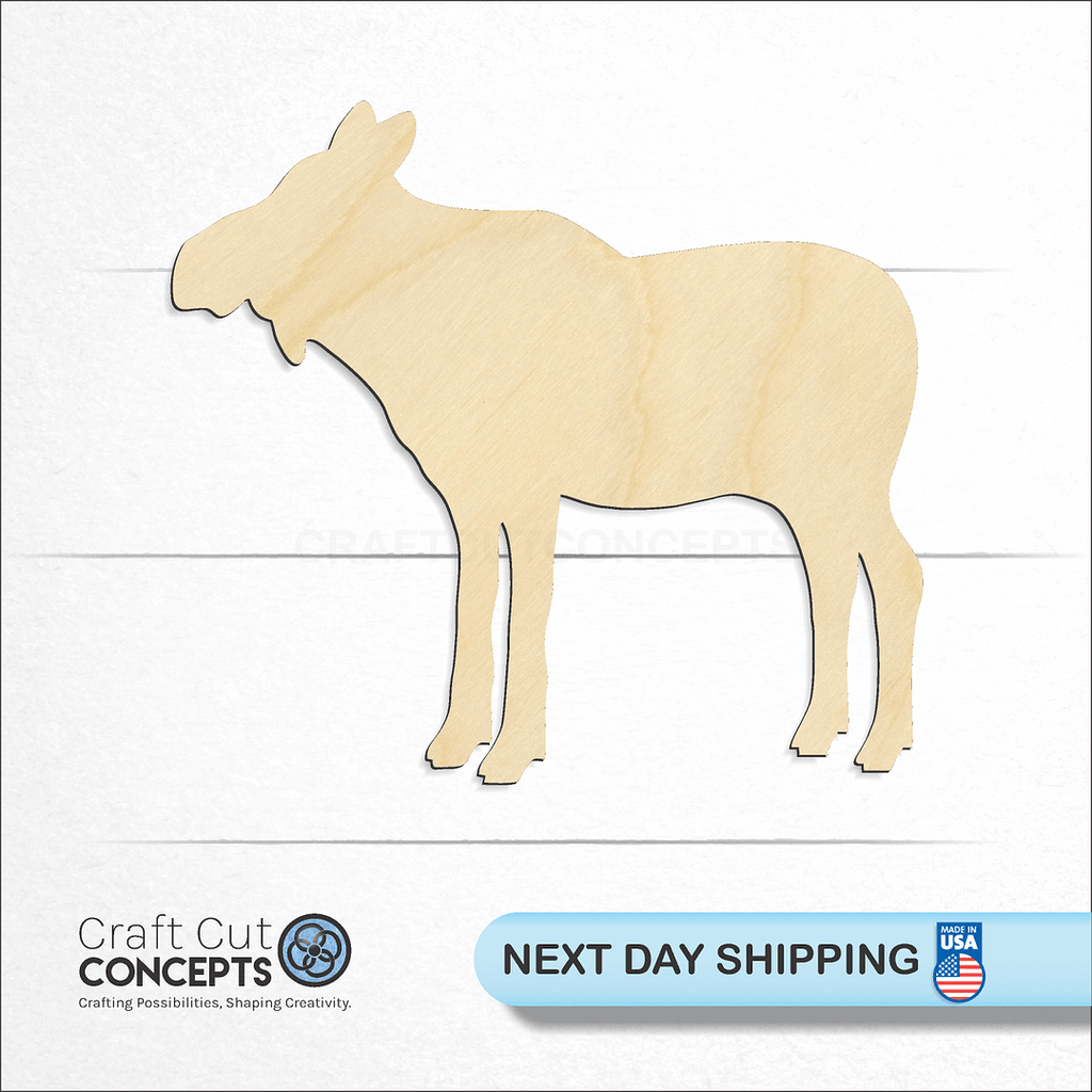 Craft Cut Concepts logo and next day shipping banner with an unfinished wood Cow Moose craft shape and blank