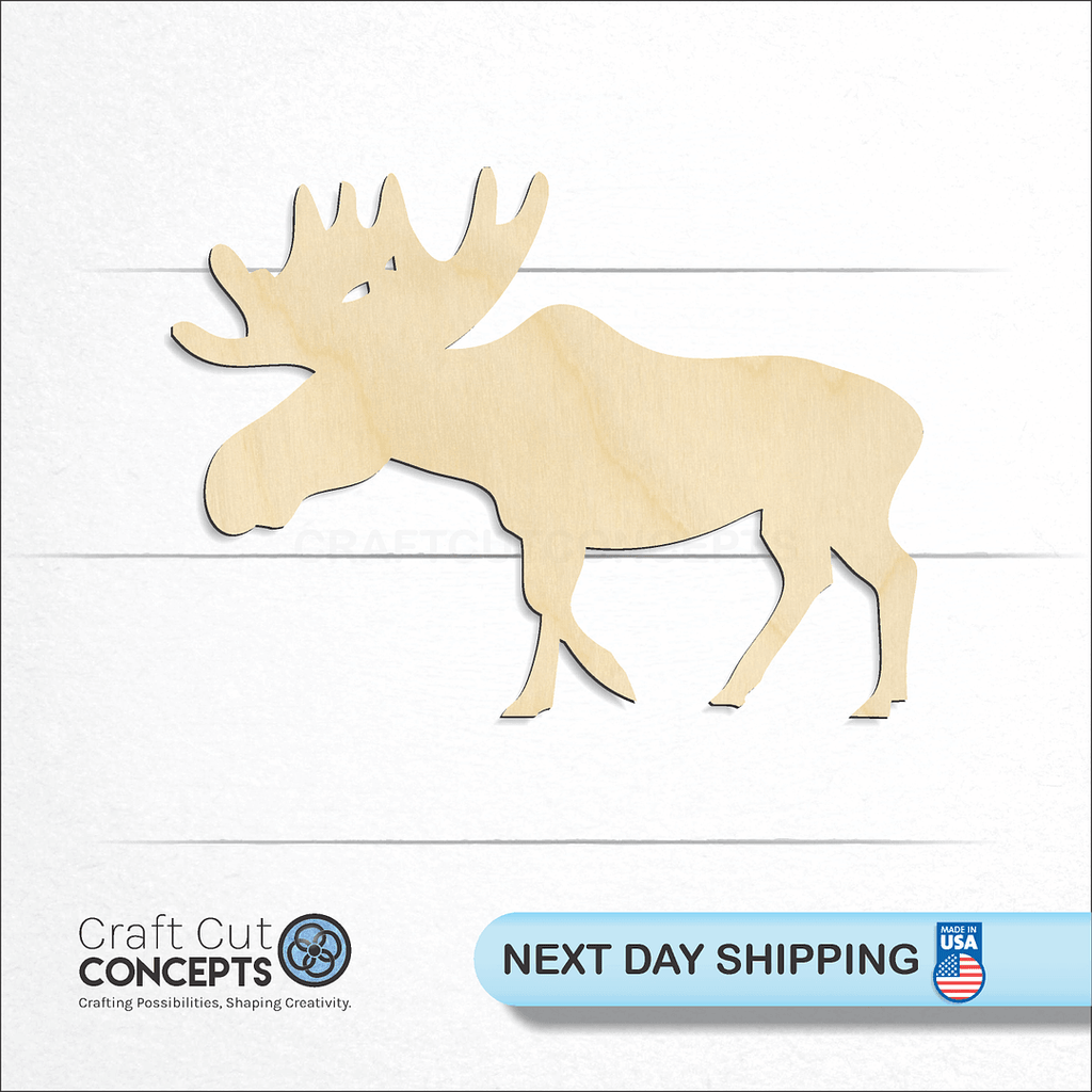 Craft Cut Concepts logo and next day shipping banner with an unfinished wood Moose craft shape and blank