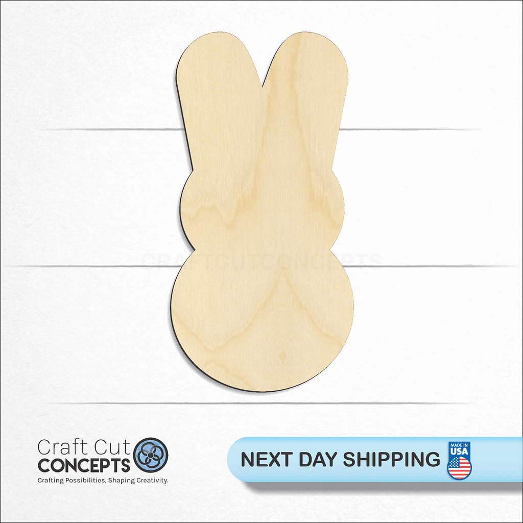 Craft Cut Concepts logo and next day shipping banner with an unfinished wood Peeps Bunny -8 craft shape and blank