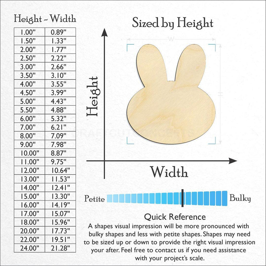 Sizes available for a laser cut Bunny Head craft blank