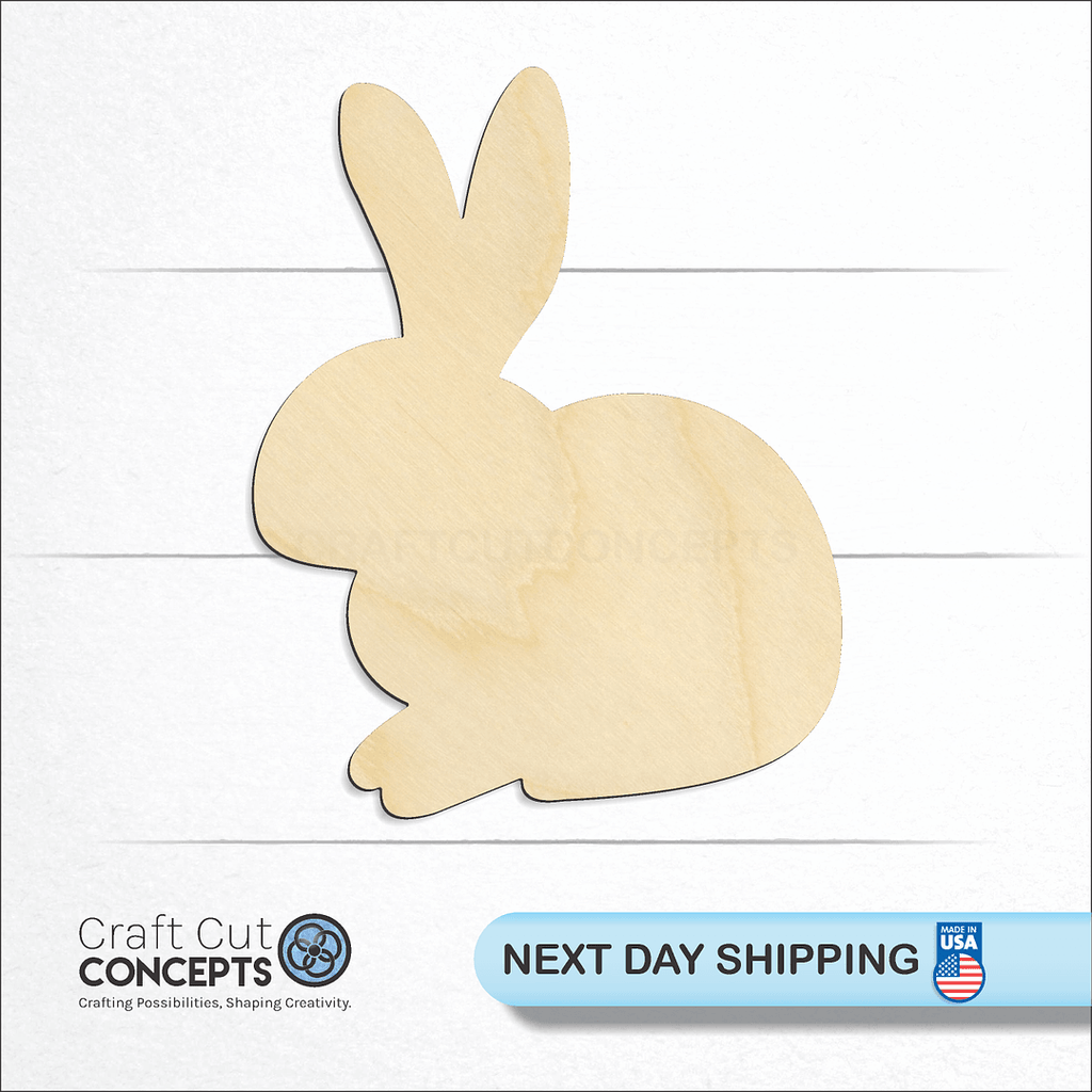 Craft Cut Concepts logo and next day shipping banner with an unfinished wood Sitting Bunny craft shape and blank