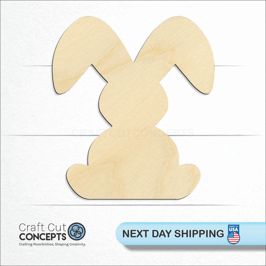 Craft Cut Concepts logo and next day shipping banner with an unfinished wood Easter Bunny craft shape and blank