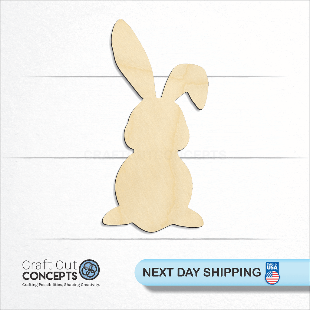 Craft Cut Concepts logo and next day shipping banner with an unfinished wood Easter Bunny craft shape and blank