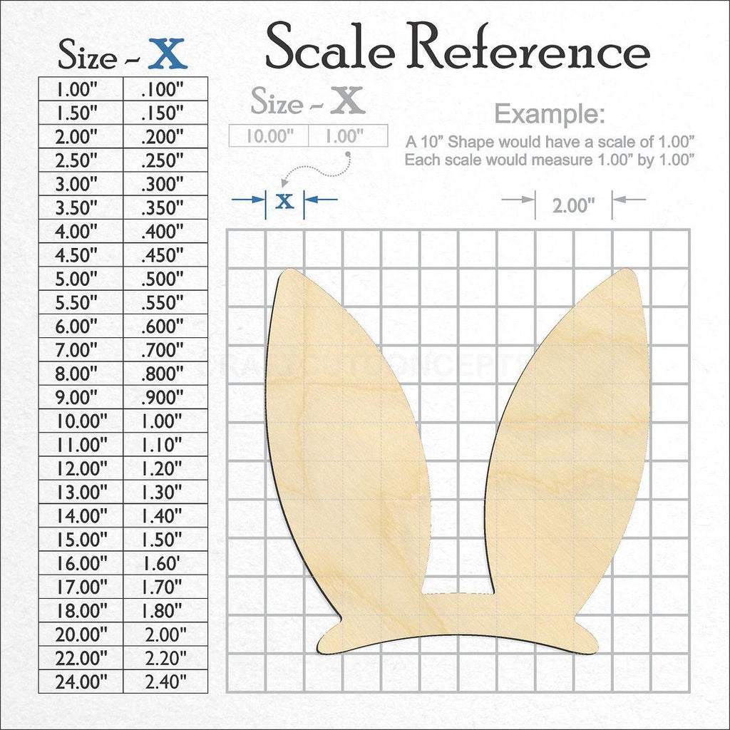 A scale and graph image showing a wood Easter Bunny Ears craft blank