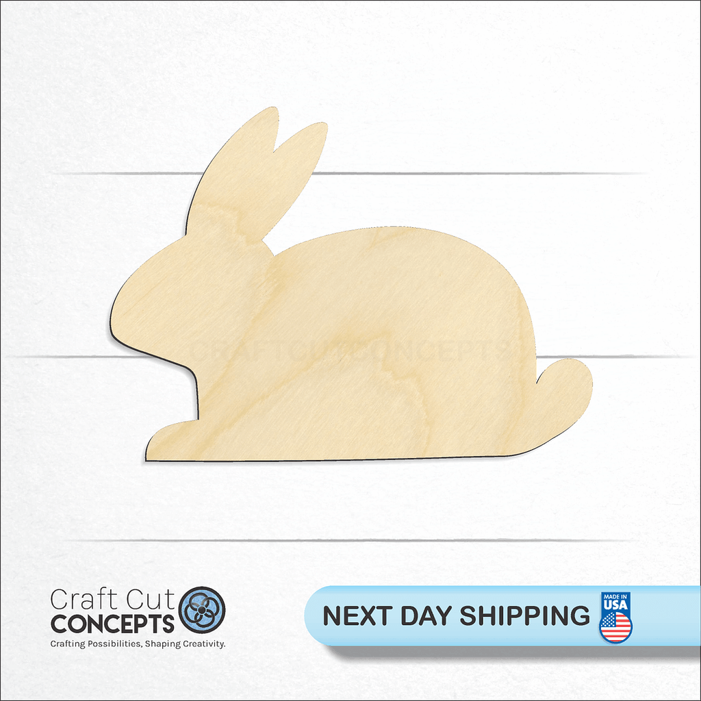 Craft Cut Concepts logo and next day shipping banner with an unfinished wood Bunny Laying Down craft shape and blank