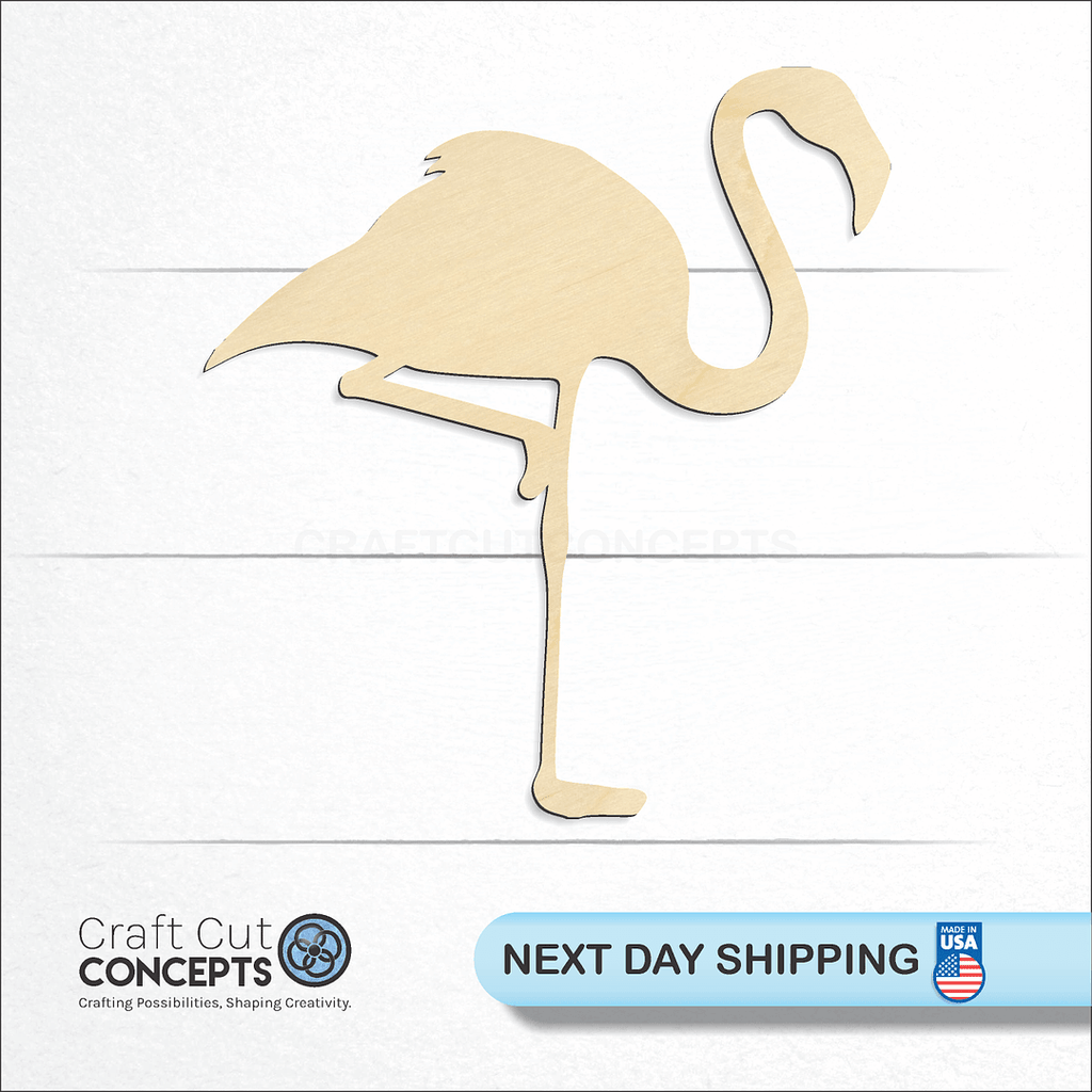 Craft Cut Concepts logo and next day shipping banner with an unfinished wood Flamingo-2 craft shape and blank