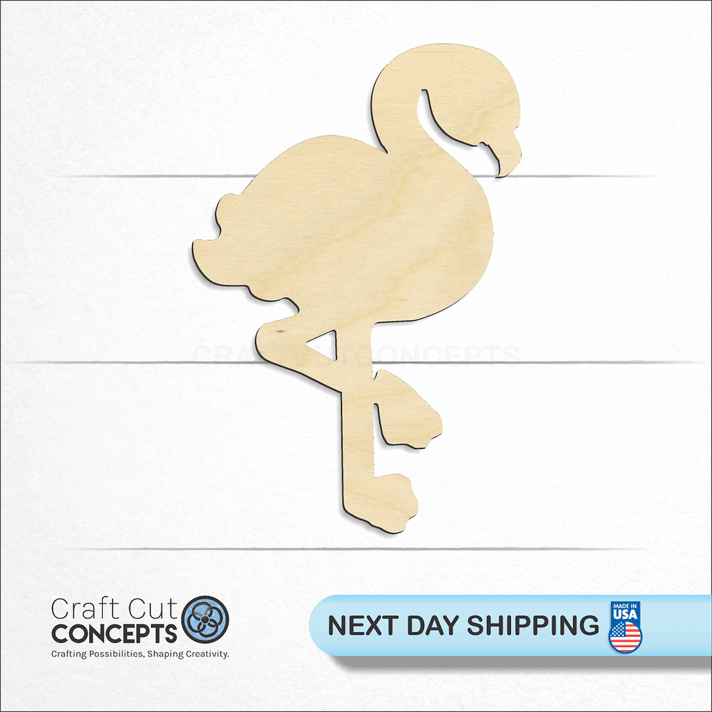 Craft Cut Concepts logo and next day shipping banner with an unfinished wood Flamingo craft shape and blank