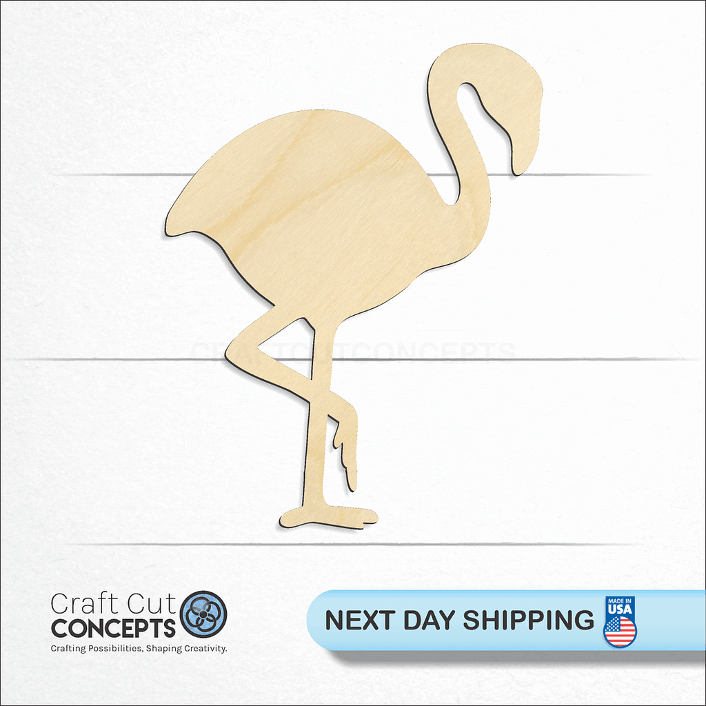 Craft Cut Concepts logo and next day shipping banner with an unfinished wood Flamingo craft shape and blank