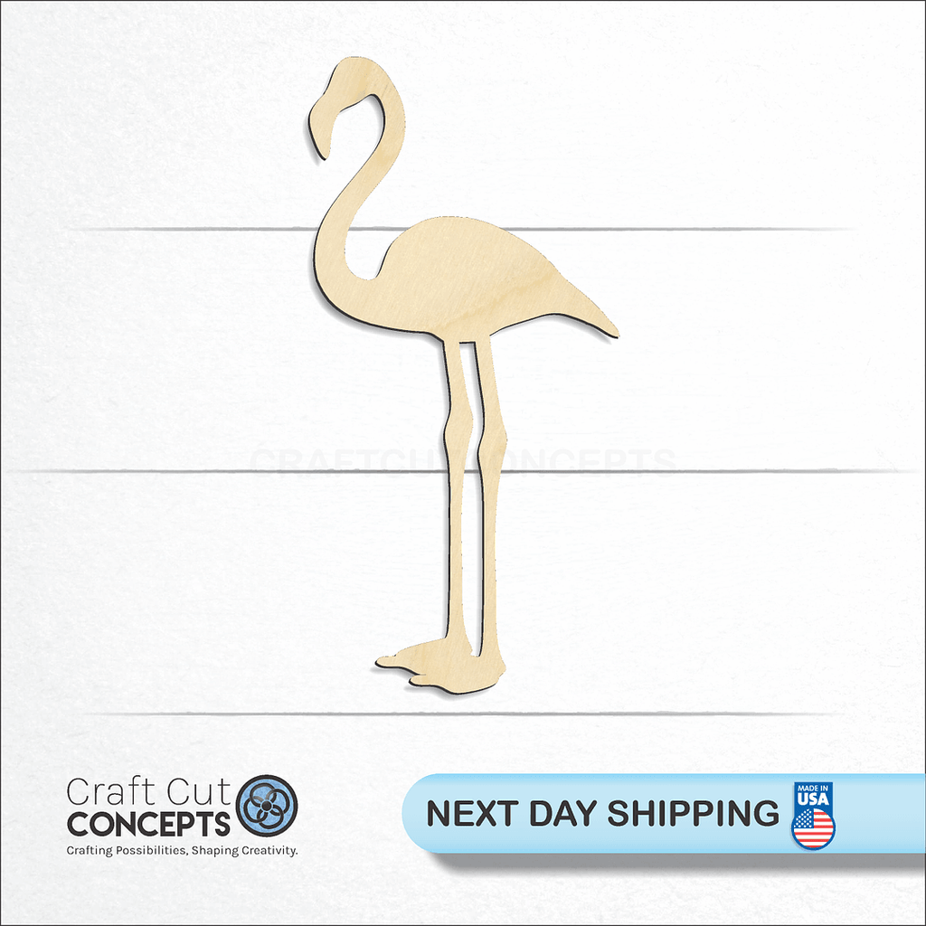 Craft Cut Concepts logo and next day shipping banner with an unfinished wood Flamingo craft shape and blank