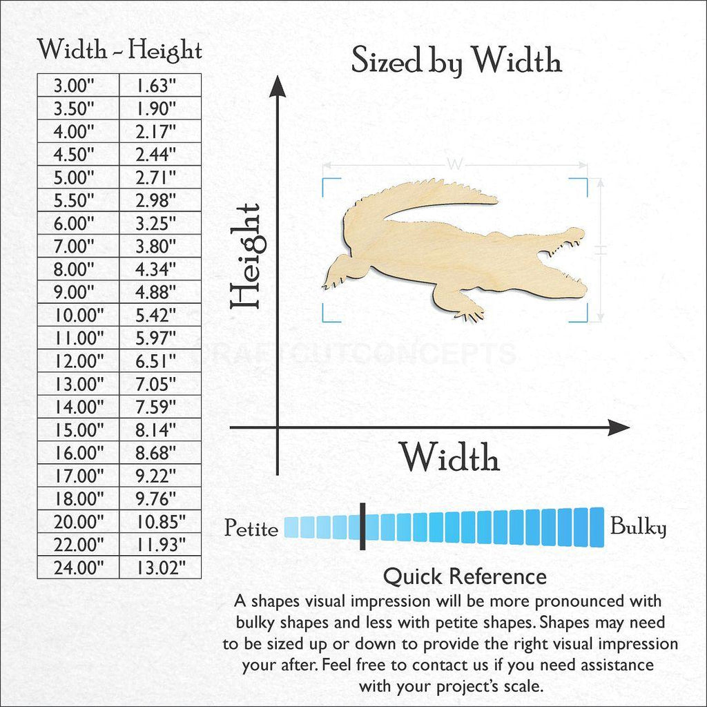 Sizes available for a laser cut Croc Alligator craft blank