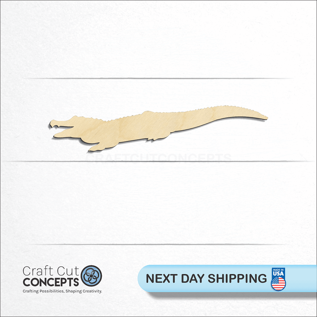 Craft Cut Concepts logo and next day shipping banner with an unfinished wood Crocodile craft shape and blank