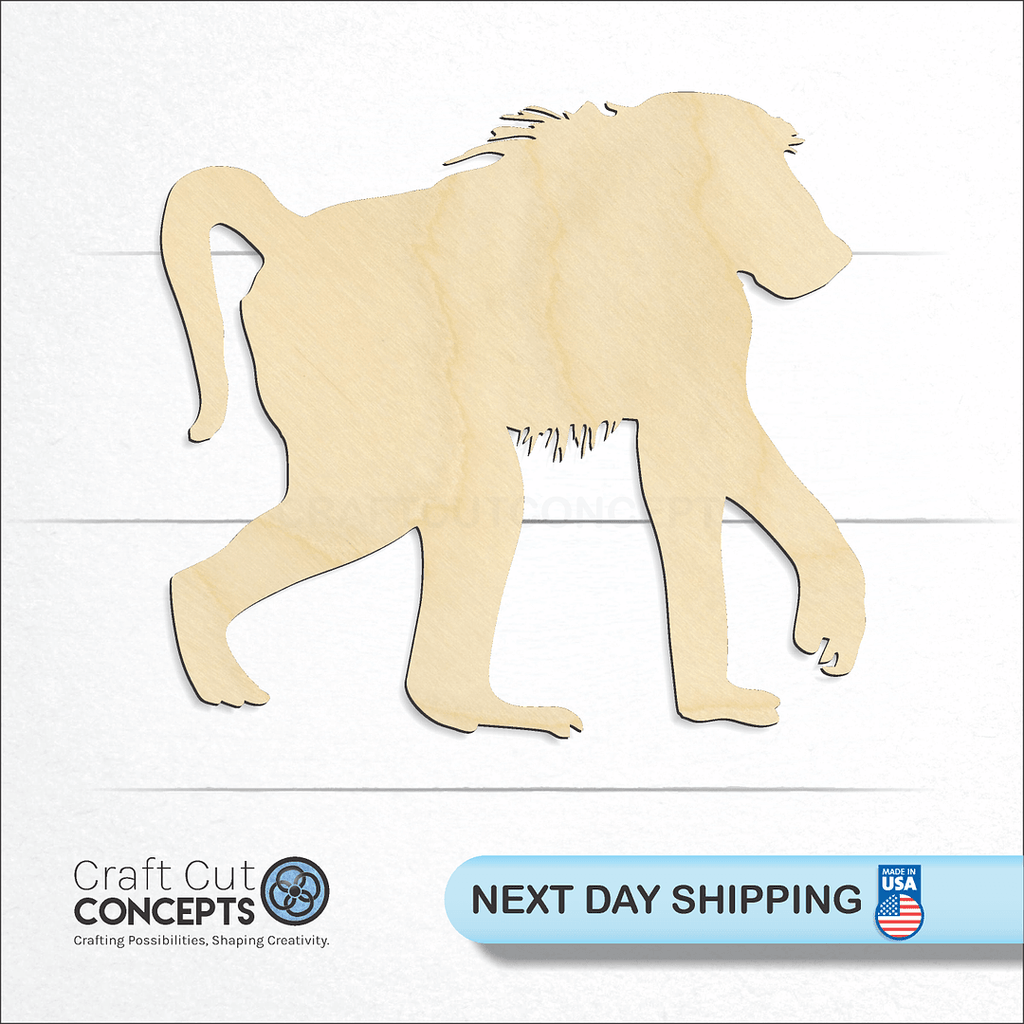 Craft Cut Concepts logo and next day shipping banner with an unfinished wood Baboon craft shape and blank