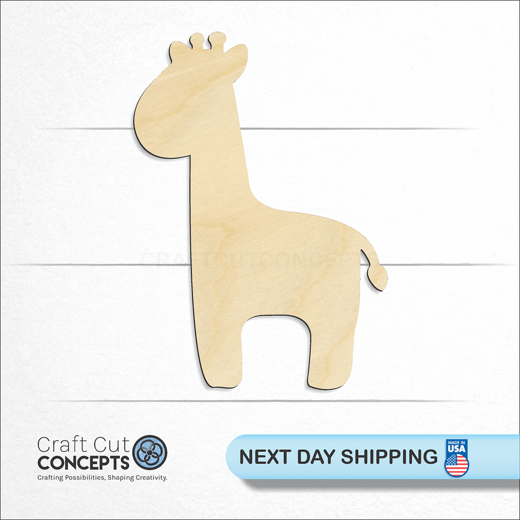 Craft Cut Concepts logo and next day shipping banner with an unfinished wood Giraffe craft shape and blank