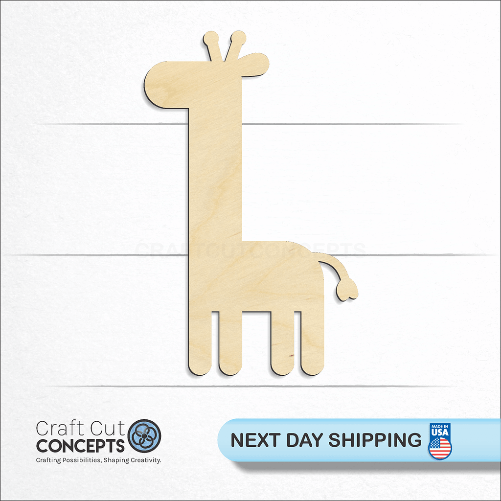 Craft Cut Concepts logo and next day shipping banner with an unfinished wood Giraffe craft shape and blank