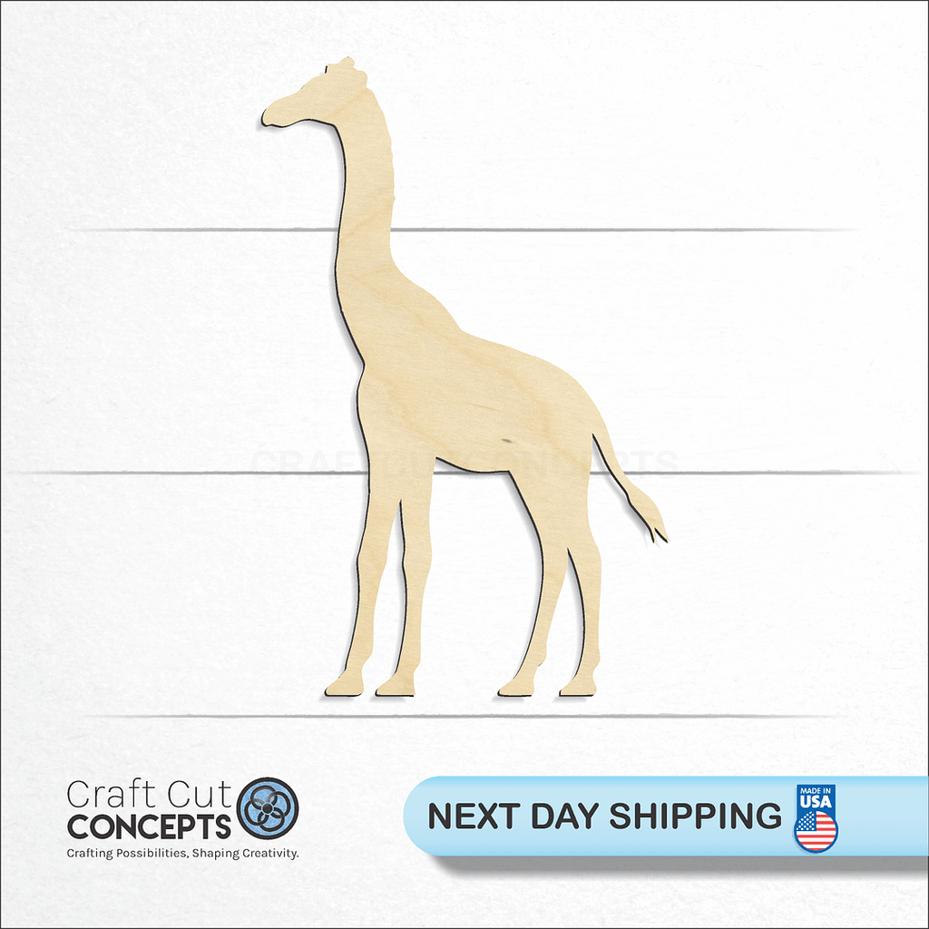 Craft Cut Concepts logo and next day shipping banner with an unfinished wood Giraffe craft shape and blank