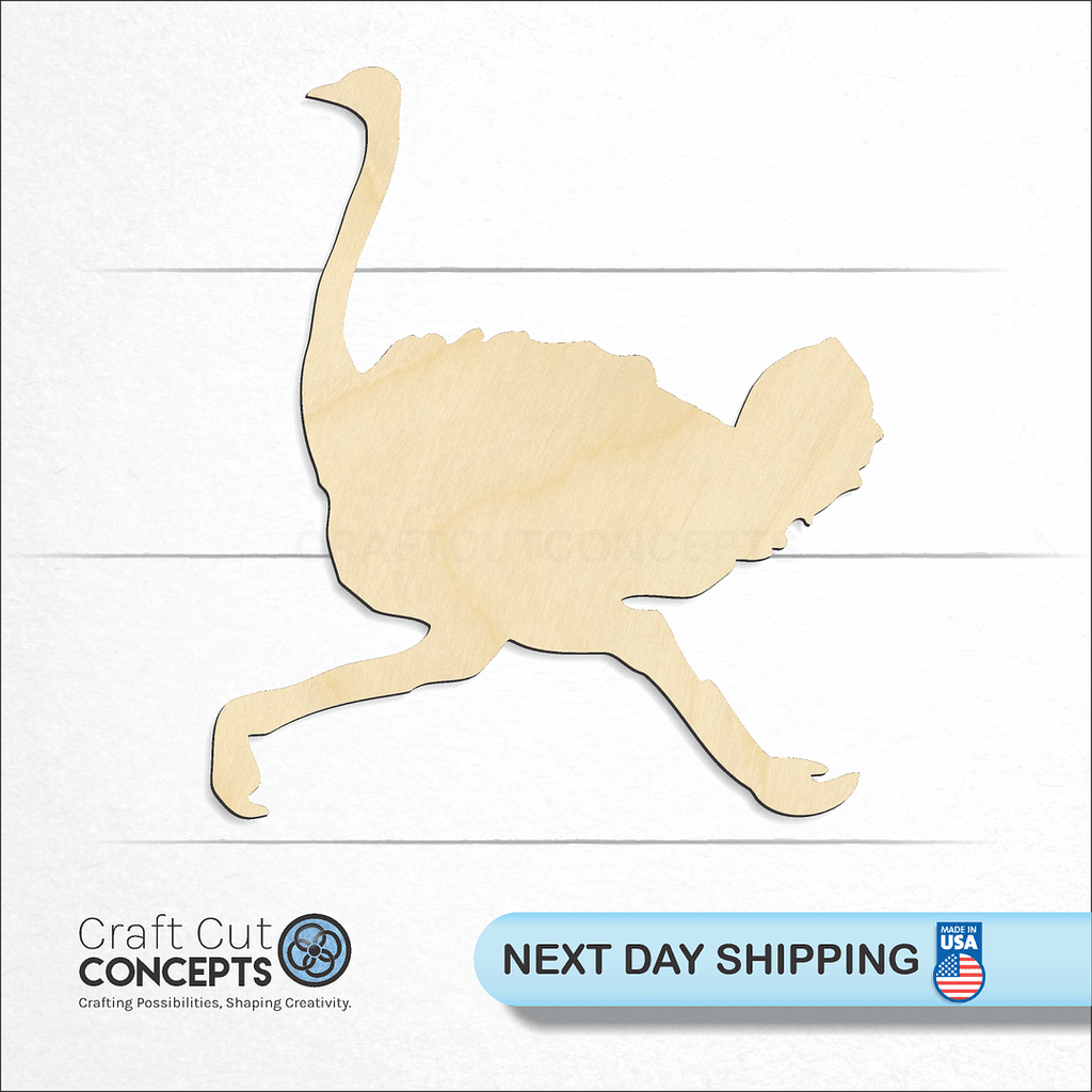 Craft Cut Concepts logo and next day shipping banner with an unfinished wood Ostrich craft shape and blank