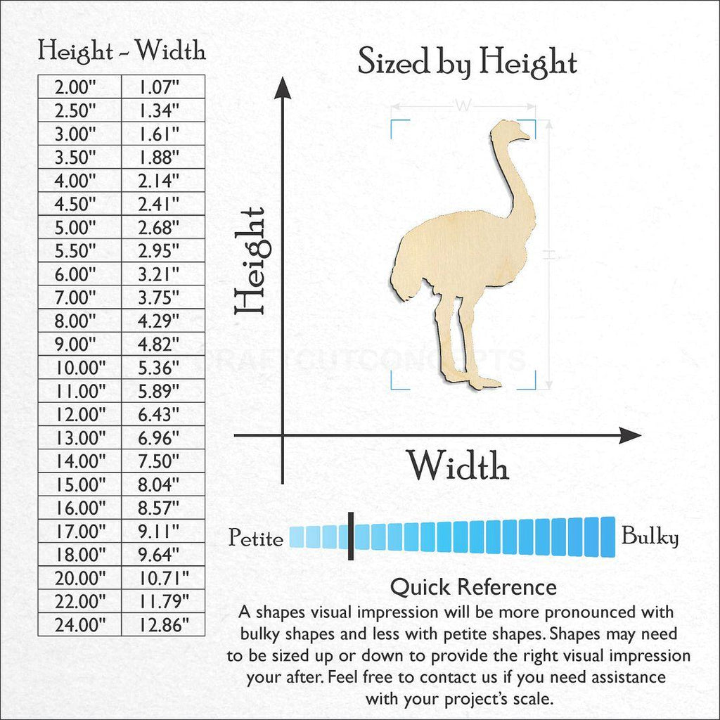 Sizes available for a laser cut Ostrich craft blank