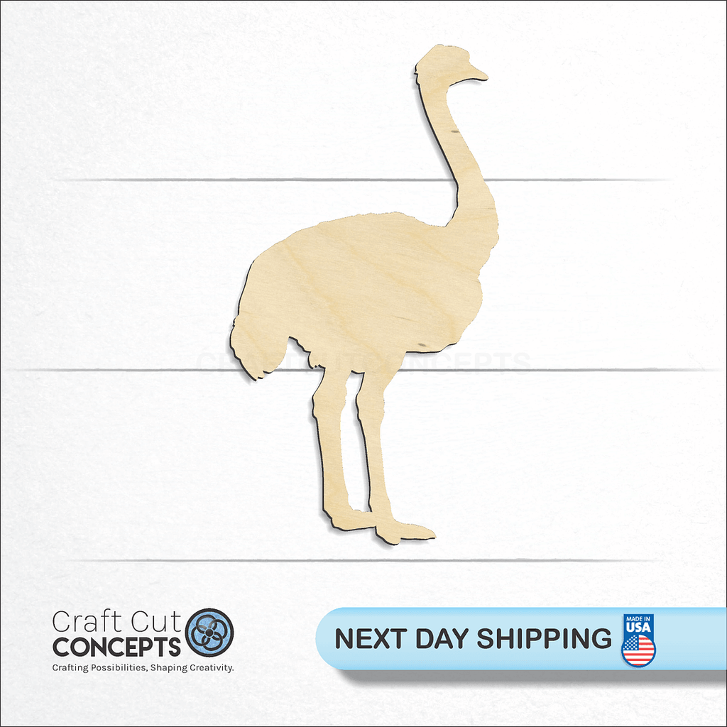 Craft Cut Concepts logo and next day shipping banner with an unfinished wood Ostrich craft shape and blank