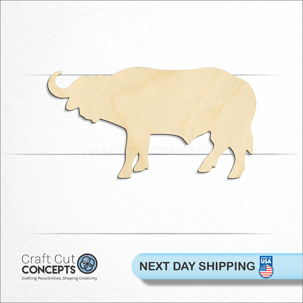 Craft Cut Concepts logo and next day shipping banner with an unfinished wood Water Buffalo craft shape and blank