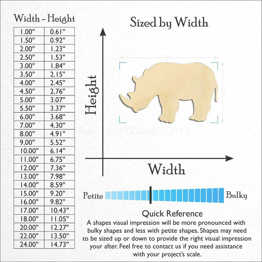 Sizes available for a laser cut Rhinoceros craft blank