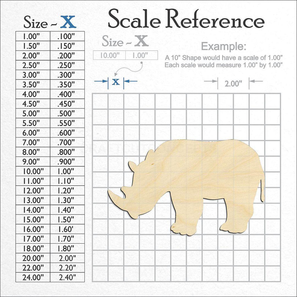 A scale and graph image showing a wood Rhinoceros craft blank