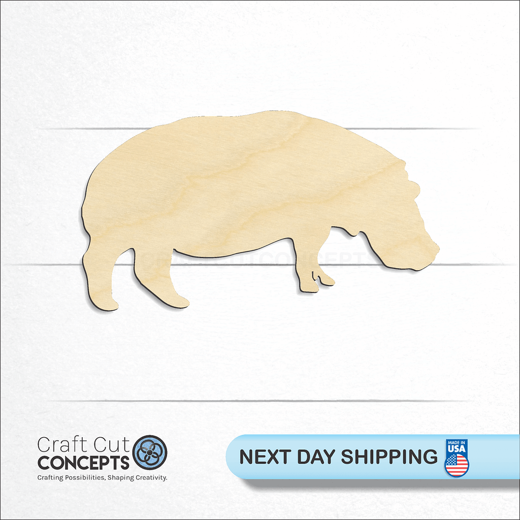 Craft Cut Concepts logo and next day shipping banner with an unfinished wood Hippopotamus craft shape and blank