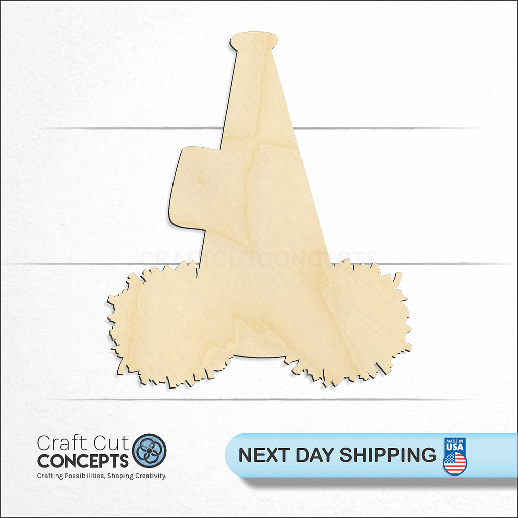 Craft Cut Concepts logo and next day shipping banner with an unfinished wood Megaphone & Poms craft shape and blank