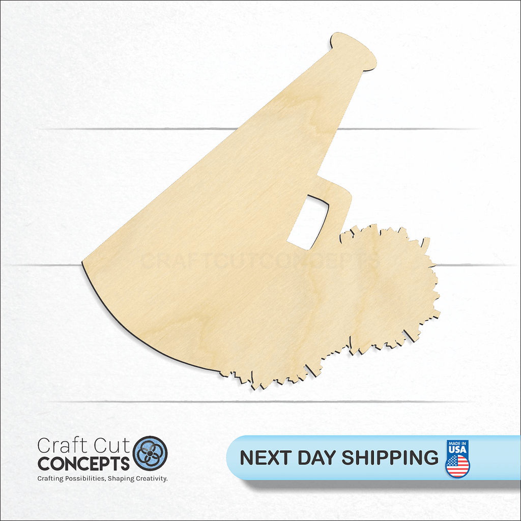 Craft Cut Concepts logo and next day shipping banner with an unfinished wood Megaphone & Poms craft shape and blank