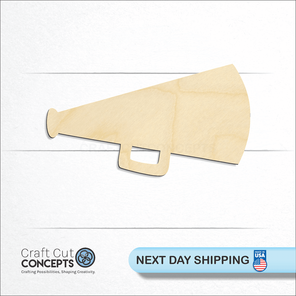 Craft Cut Concepts logo and next day shipping banner with an unfinished wood Megaphone craft shape and blank