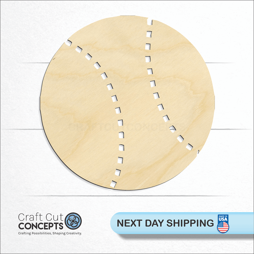 Craft Cut Concepts logo and next day shipping banner with an unfinished wood Baseball craft shape and blank