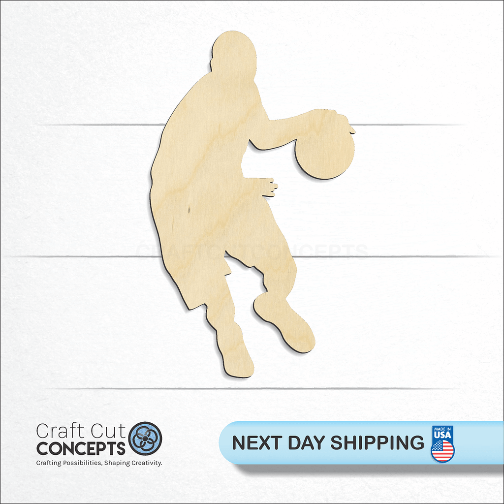 Craft Cut Concepts logo and next day shipping banner with an unfinished wood Basket ball Player craft shape and blank