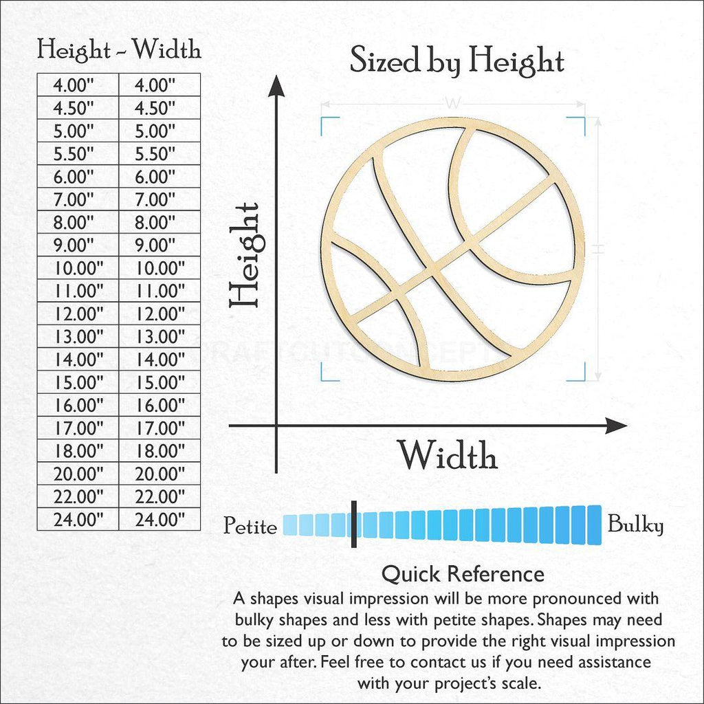 Sizes available for a laser cut Basket ball craft blank