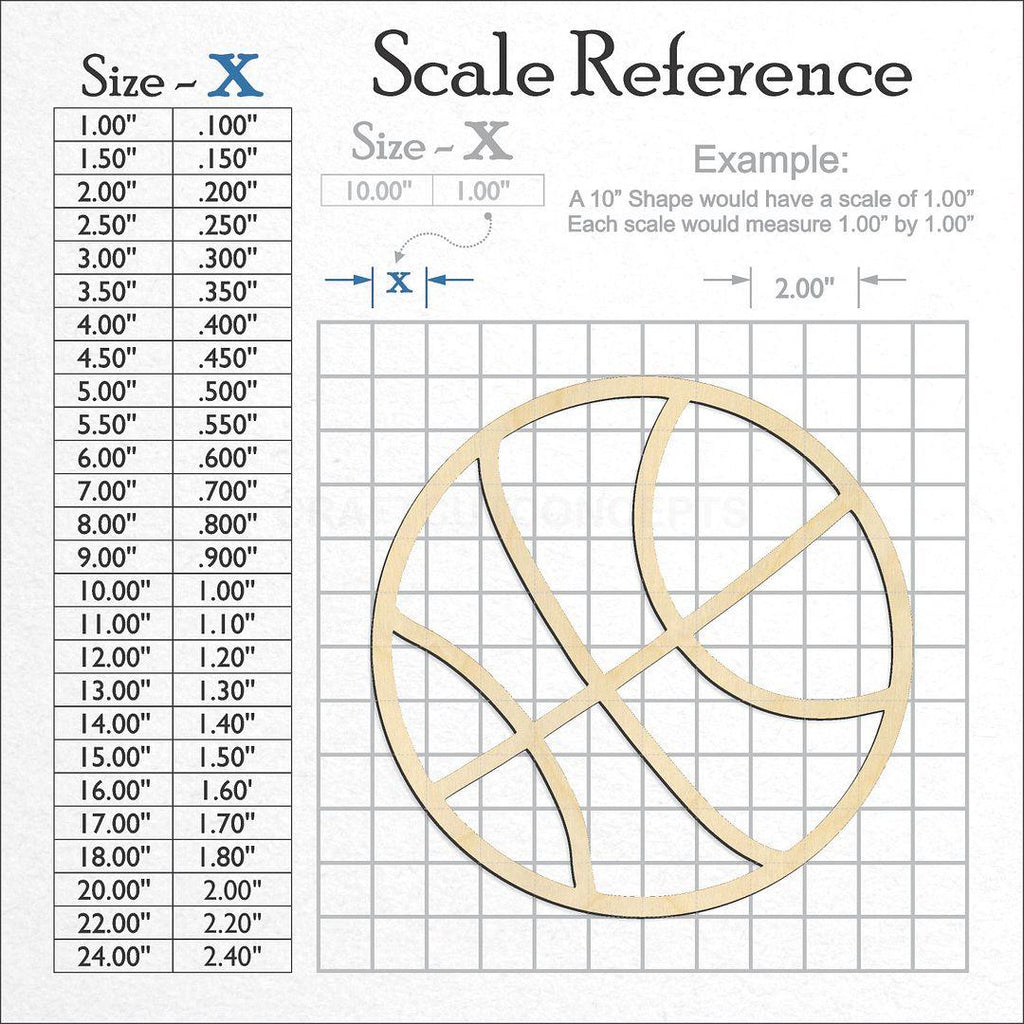 A scale and graph image showing a wood Basket ball craft blank