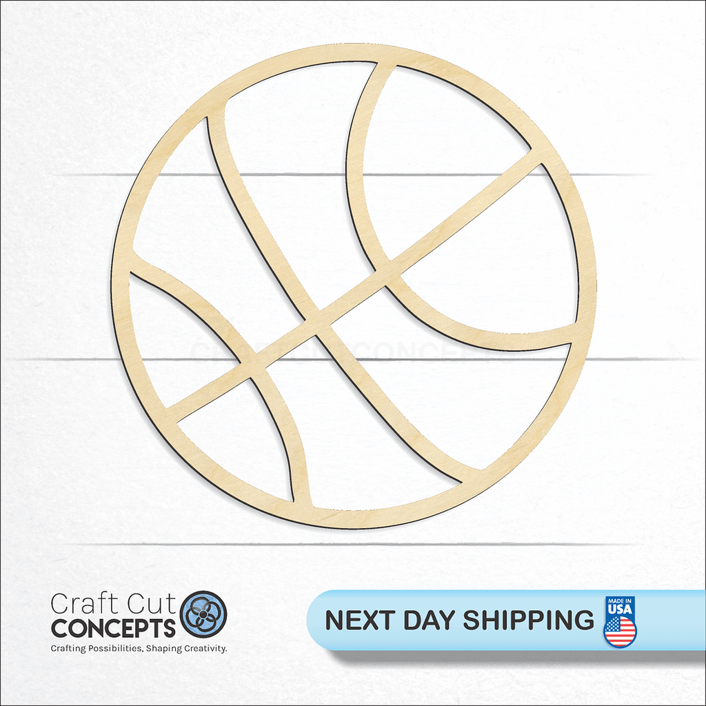 Craft Cut Concepts logo and next day shipping banner with an unfinished wood Basket ball craft shape and blank