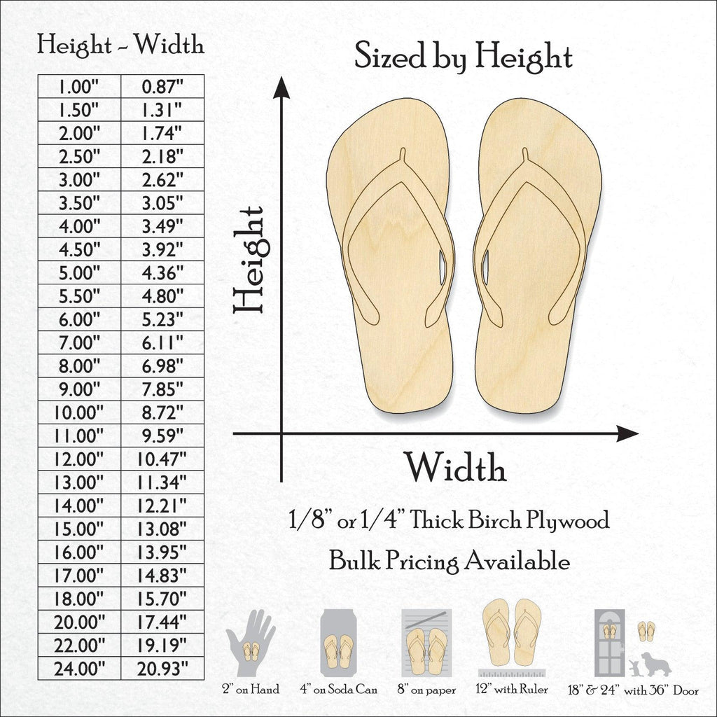A Product photo showing the sizes and scale of our laser cut Flip Flops Craft Shape available for purchase.