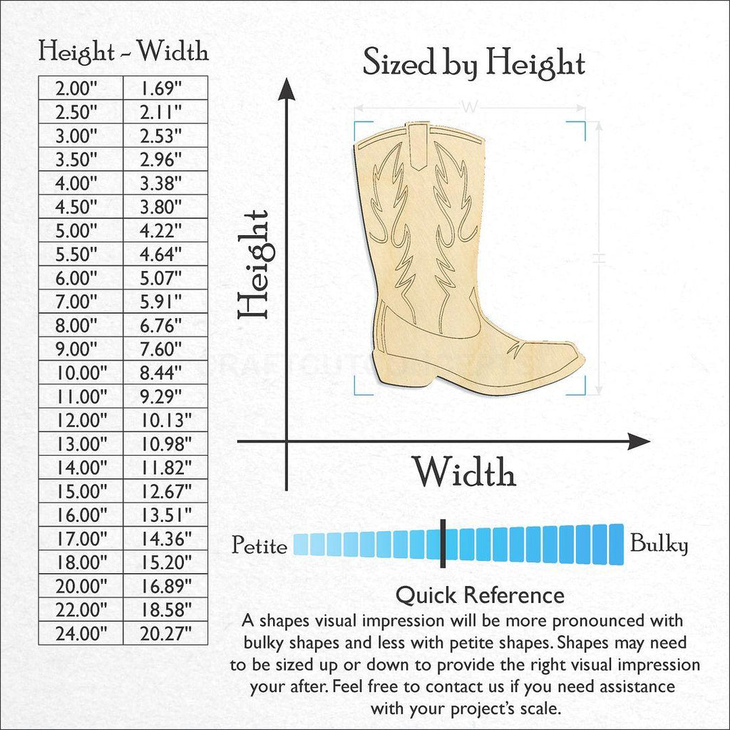 Sizes available for a laser cut Cowboy Boot craft blank