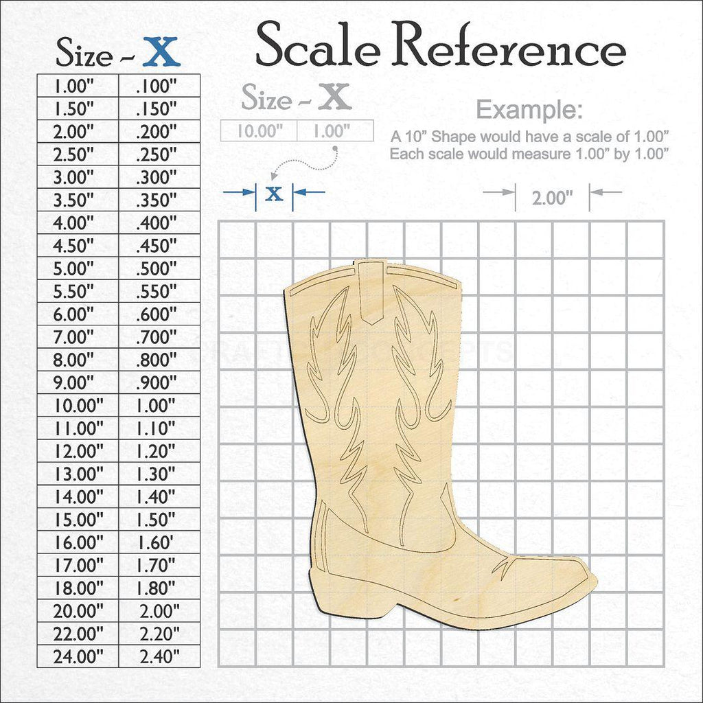 A scale and graph image showing a wood Cowboy Boot craft blank