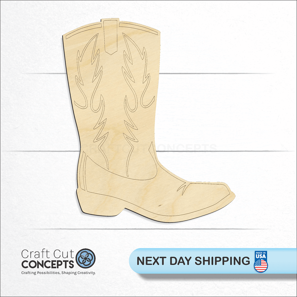 Craft Cut Concepts logo and next day shipping banner with an unfinished wood Cowboy Boot craft shape and blank