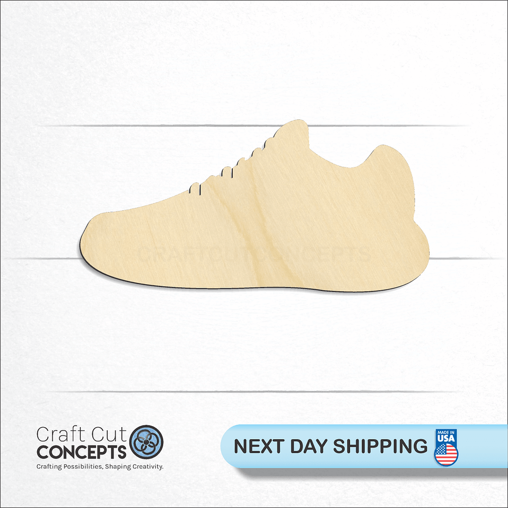 Craft Cut Concepts logo and next day shipping banner with an unfinished wood Sneaker craft shape and blank