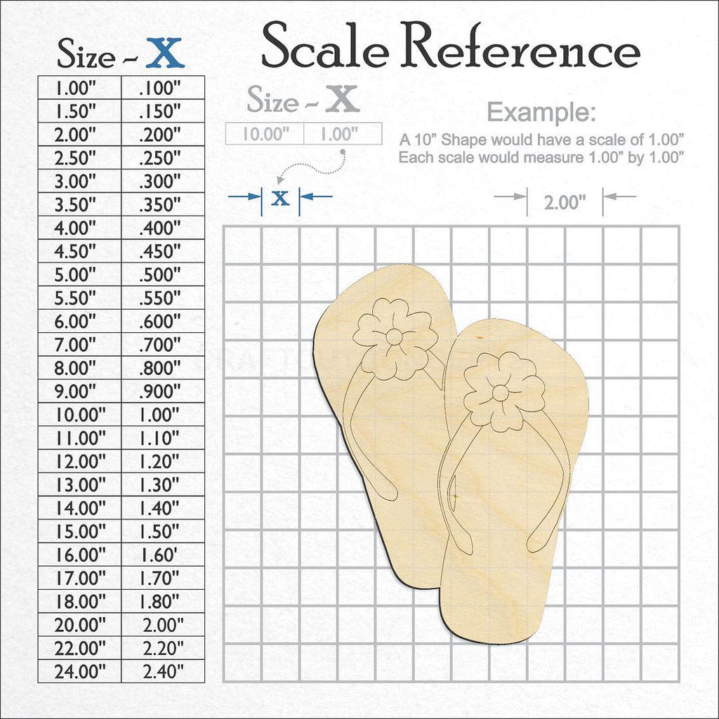 A scale and graph image showing a wood Flip Flops Flower craft blank