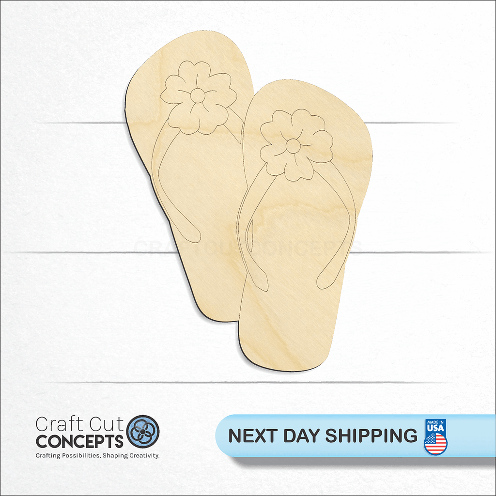 Craft Cut Concepts logo and next day shipping banner with an unfinished wood Flip Flops Flower craft shape and blank