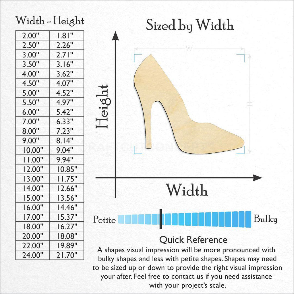 Sizes available for a laser cut Heels craft blank