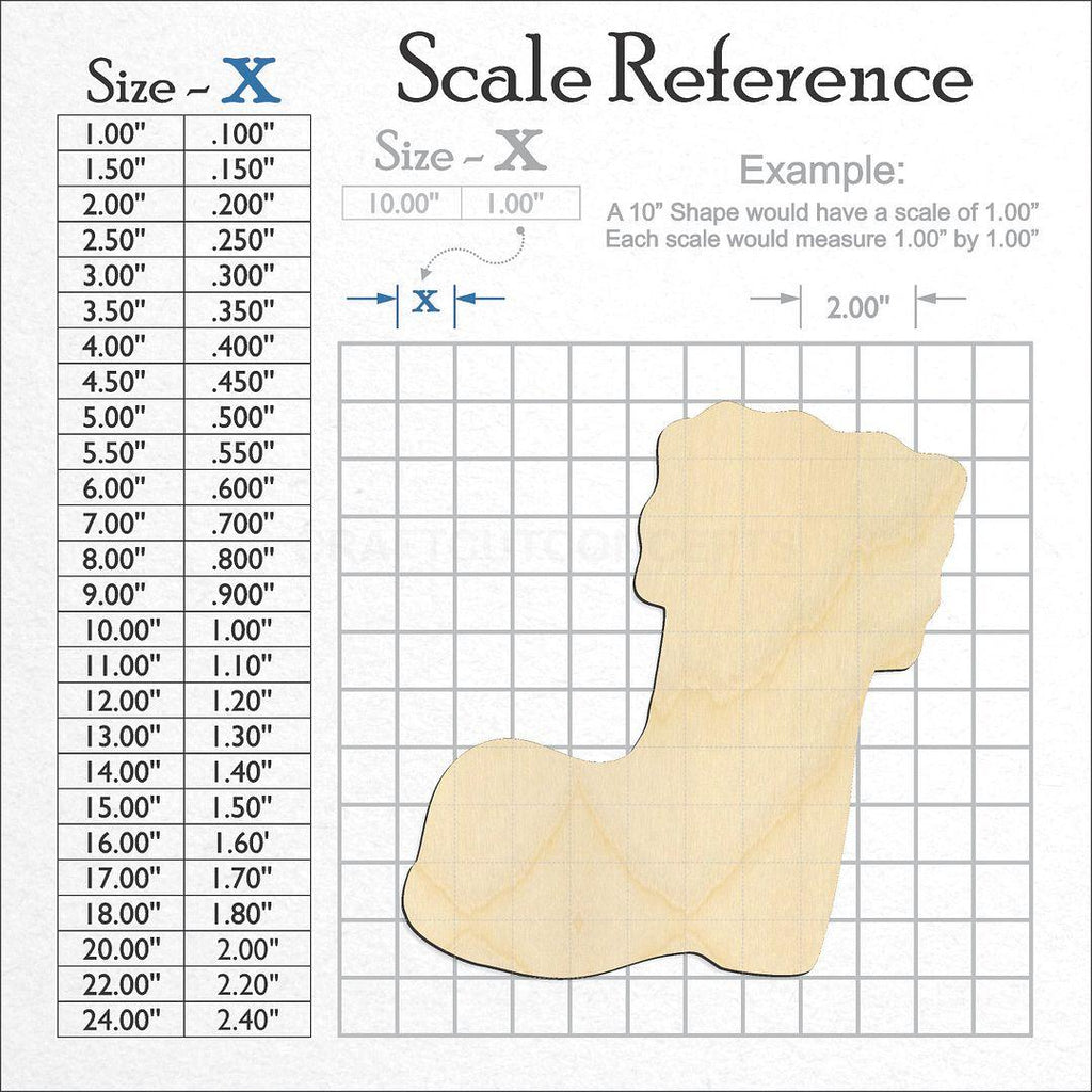 A scale and graph image showing a wood Winter Santa Boot craft blank