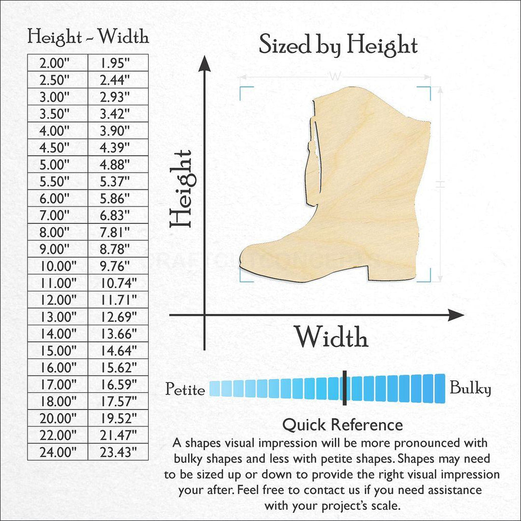 Sizes available for a laser cut Cowgirl Boot Team Boot craft blank