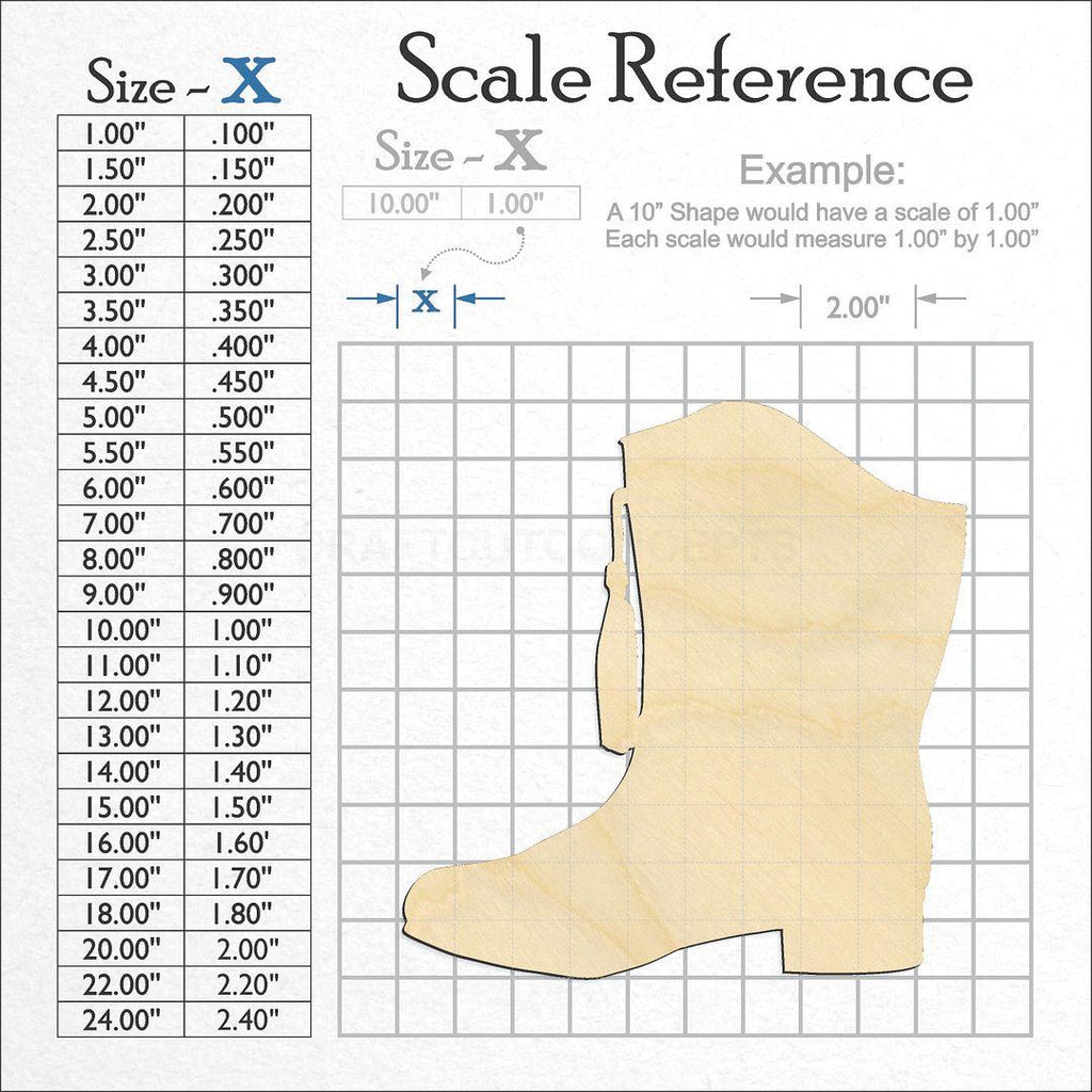 A scale and graph image showing a wood Cowgirl Boot Team Boot craft blank