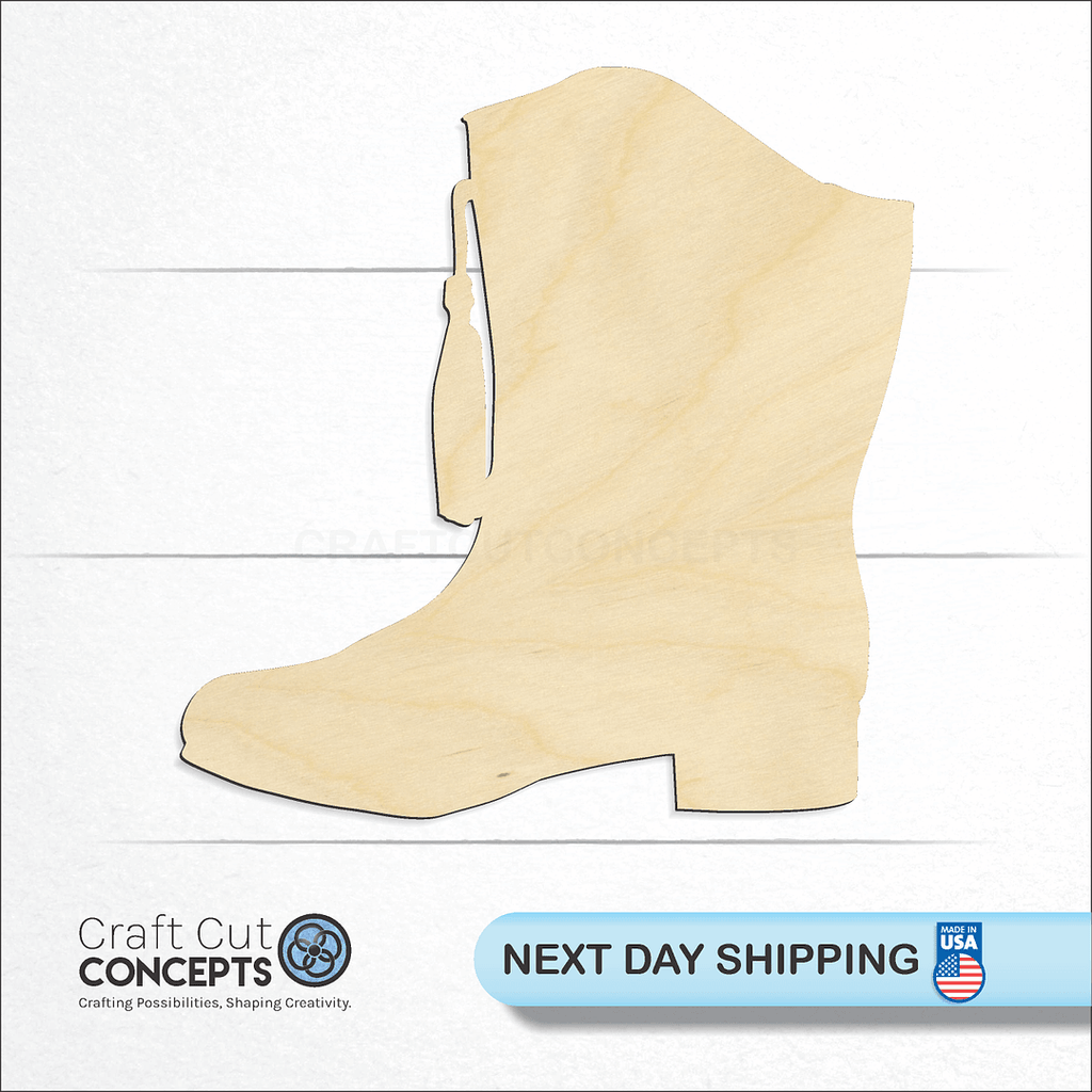 Craft Cut Concepts logo and next day shipping banner with an unfinished wood Cowgirl Boot Team Boot craft shape and blank