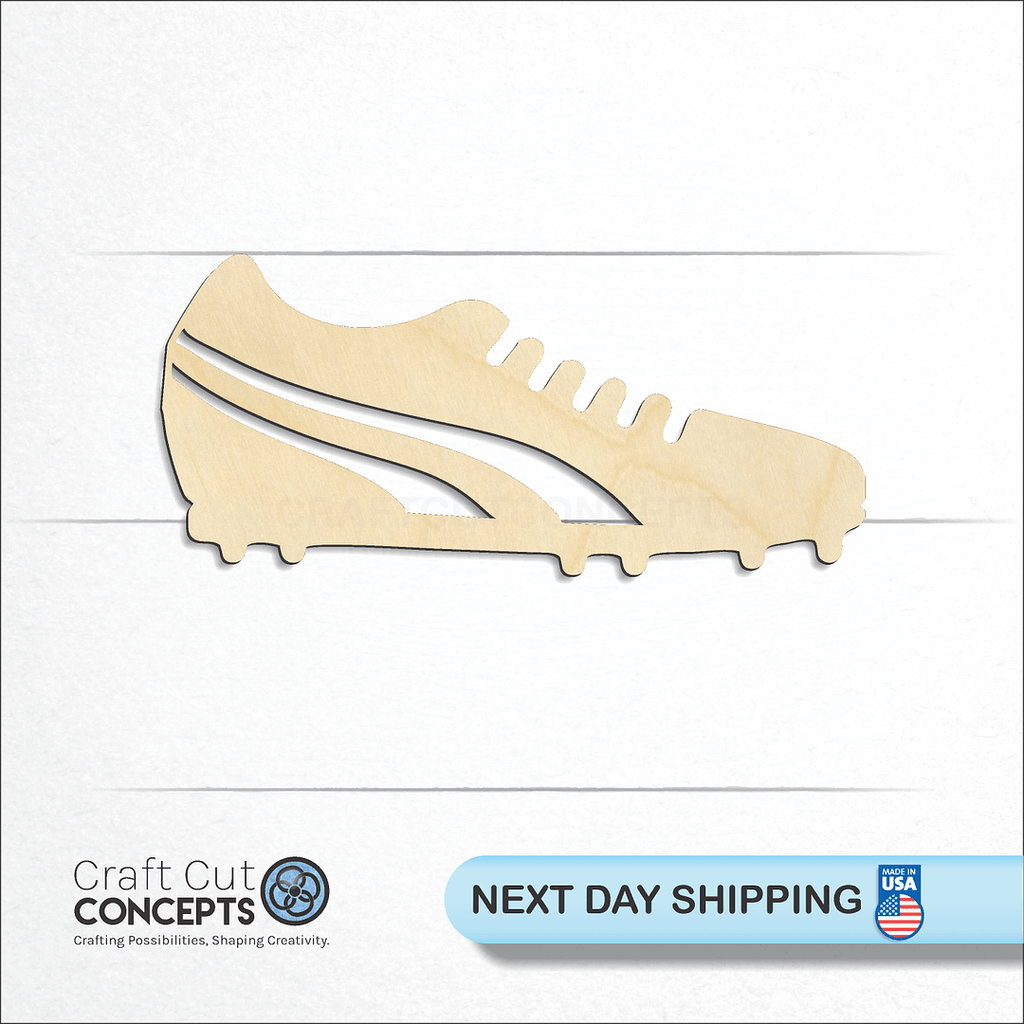 Craft Cut Concepts logo and next day shipping banner with an unfinished wood Track Shoes craft shape and blank